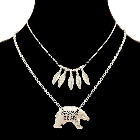 Lot 2 Silver Tone Necklaces MAMA BEAR and FEATHERS Pendants NEW - Picture 1 of 3